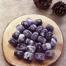 Natural Amethyst Futhark Viking Rune Stone Set, Engraved Letter Norse Witchcraft Healing Crystal Reiki Gemstones Irregular Shaped, 25Pcs