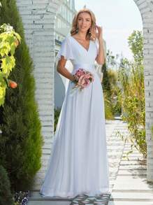 EVER-PRETTY Elegantes Brautkleid mit gerafftem Oberteil, Schleifentaille und Chiffon, weiß, Brautparty Kleid, Abendkleid, Braut