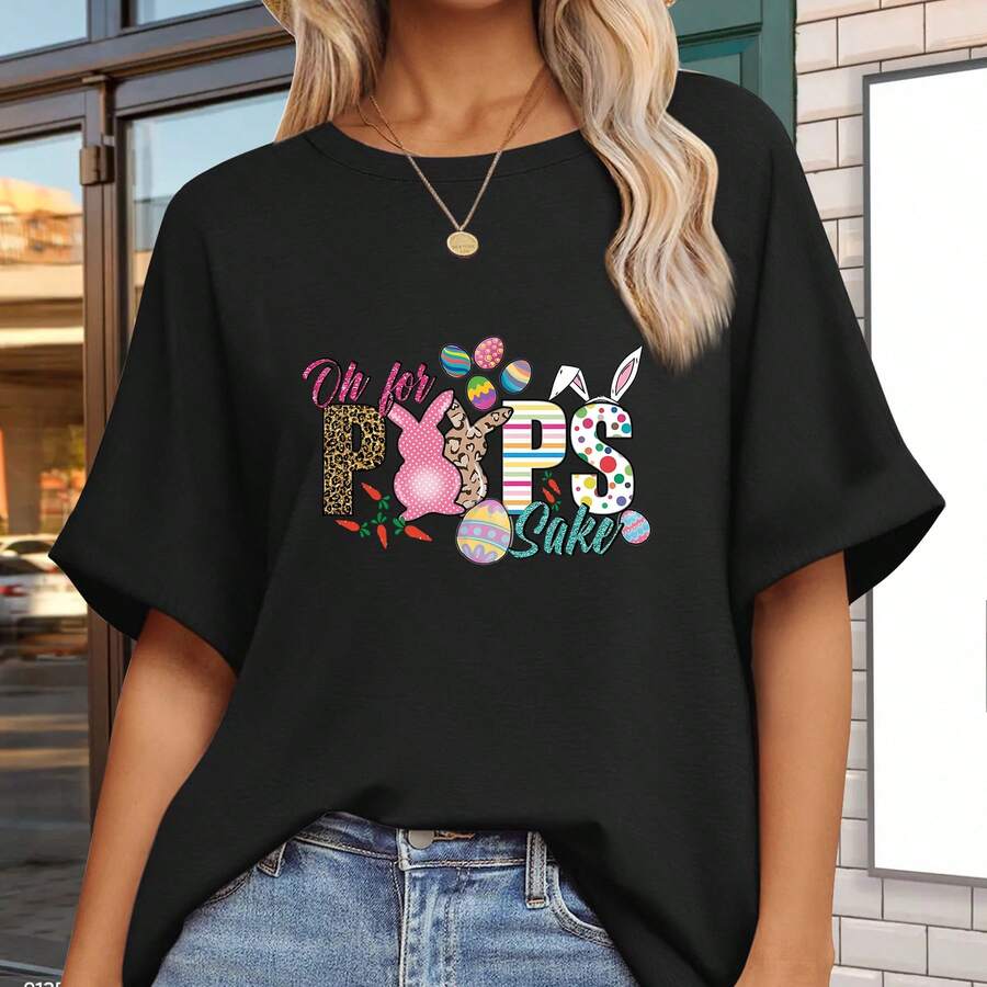 A Playful Exclamation For Easter Pattern T-Shirt Women'S Comfort T-Shirt Machine Washable Tee Cotton Short Sleeve Suitable For Outing Daily