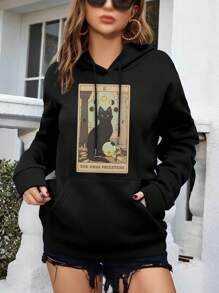 High Priestess Cat Big Size Women Hoodie Hoodie Wicca Stars Sun Kitty - 黑色 - 查看 1