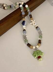 1 Stück Neue Sommer Halskette mit Kokosnusspalme, bunte Perlenkette mit Seepferdchen-Muschel, einzigartiges Design