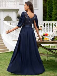 MIUSOL 优雅 V 领亮片花卉蕾丝褶皱下摆正式派对礼服、婚礼宾客礼服、晚礼服、长袍