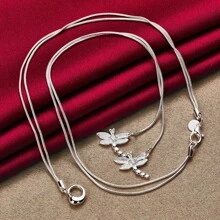 925 纯银双蜻蜓吊坠项链 女士蛇链项链 婚礼订婚珠宝 - 銀色 - 查看 2