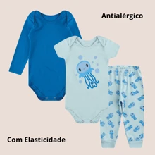 Kit 3 Peças Body Bebê Manga Longa Roupas de Bebê 100% Algodão Inverno Frio - Azul - Visão 4