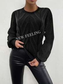 Blusa de lana de largo medio con mangas largas y aguja gruesa de acrílico - Negro - Ver 1