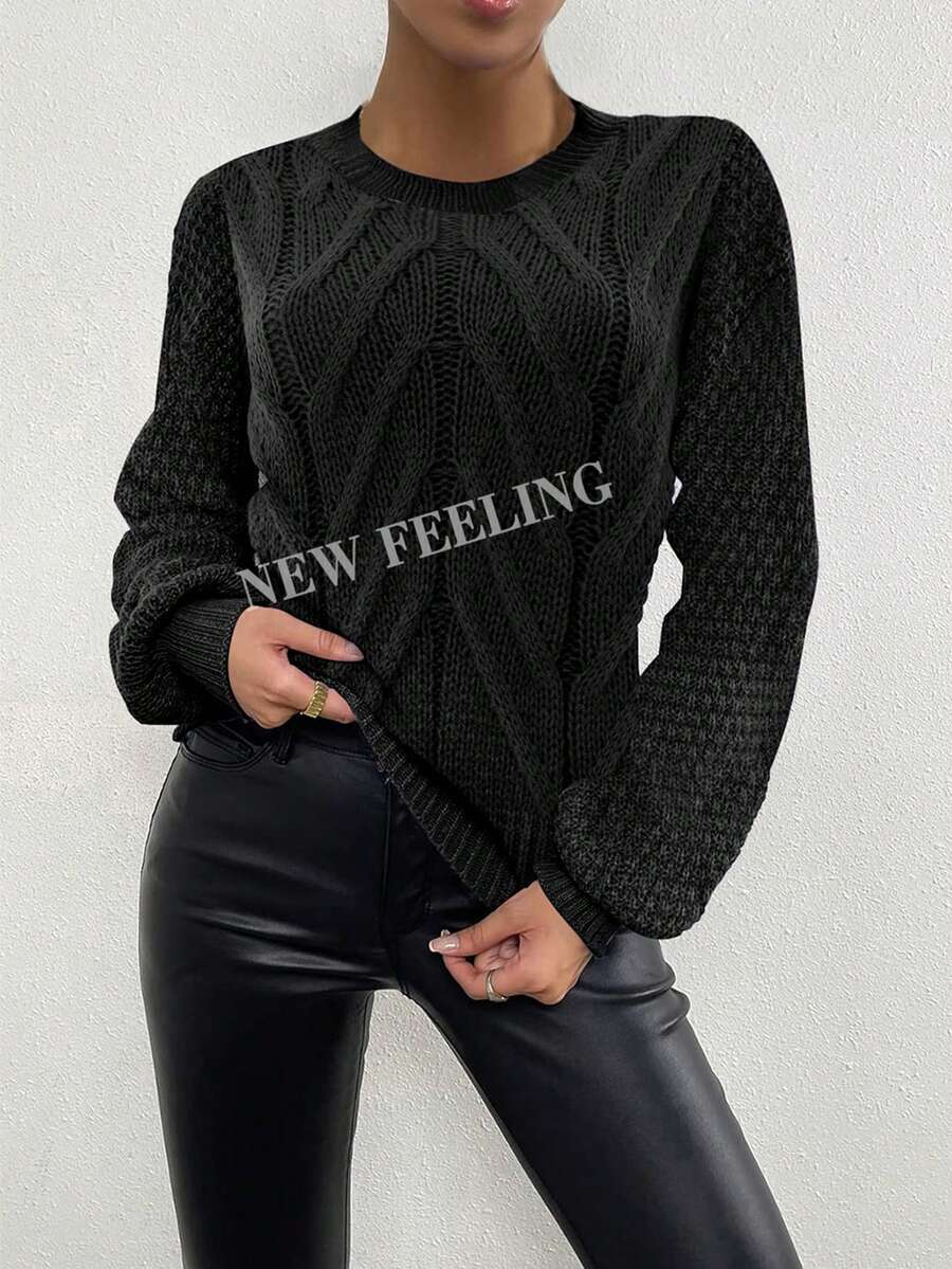 Blusa de lana de largo medio con mangas largas y aguja gruesa de acrílico - Negro - Ver 1