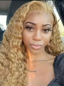 Peluca rizada rubia miel, cabello humano, 5x5, pelucas frontales de encaje de alta definición con ondas de agua rubias, prearrancadas con cabello de bebé, densidad 180, peluca de cabello humano con ondas de agua rubias de color n.° 27 (peluca rubia rizada de 22 pulgadas para mujeres) - Dorado - Ver 7