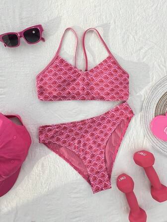 2026新款女士泳衣玫红色印花甜美风细肩带比基尼两件套度假装女
