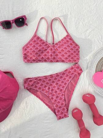 Conjunto de traje de baño de mujer de tirantes finos con flores pequeñas de estilo primaveral de Pascua