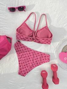 2026 New Women's Swimsuit With Rose Red Print, Sweet Style, Thin Shoulder Strap And Bikini Two Pieces Set Vacation Outfits Woman - Hot Pink - View 3