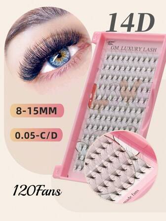 120Fans 12Rows/Box 14D Premade Fans Lashes 0.05mm Thickness C D Curl In 8-15mm LengthEyelash Extensions Pointy Base Sharp Thin Root