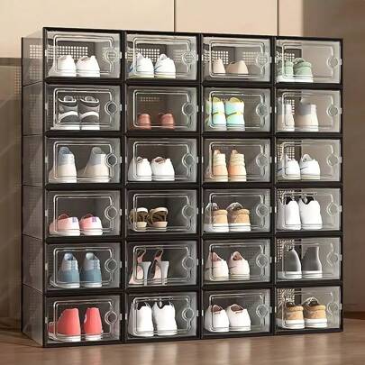 LIVINGANDHOME Living And Home 12 Pcs Stackable Black Shoe Storage Boxes - 33cm W X 23cm D X 14cm H, Transparent Design Shoe Organisers, Durable Plastic Shoe Storage Container, Easy To Clean Storage Bin, Ventilated For Odour Prevention Shoe Display Box, Adjustable And Customisable Storage Organiser, Ideal For Shoes, Clothing, Toys, And Daily Necessities - Freestanding, Perfect For Home/Office Organisation