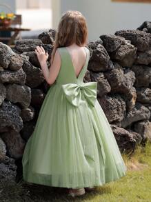 少女浅绿色花童礼服,大蝴蝶结,长款正式伴娘礼服 - 綠色 - 查看 3