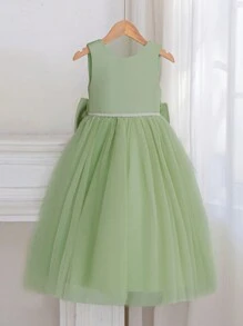 少女浅绿色花童礼服,大蝴蝶结,长款正式伴娘礼服 - 綠色 - 查看 7