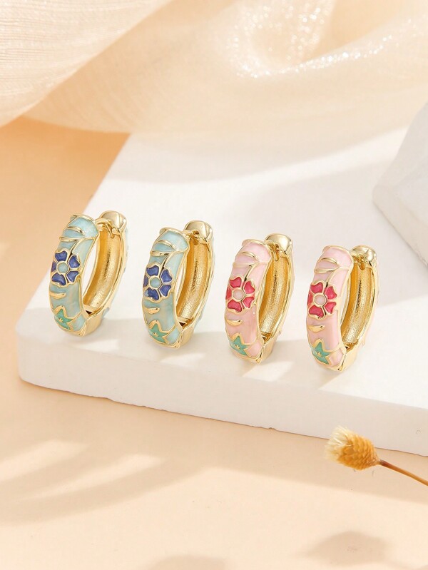 1 Pair Fashion Copper Material Flower Pattern Hoop Earrings Jewelry For Women Girls