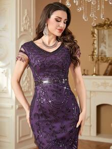 Women Embroidery Leaf Sequin Long Ruffled Sleeve Cap Sleeve Tassel Zippered Elegant Dress, Suitable For Banquet, Daily Wear & Other Occasions, Party Dress, Wedding Guest Dress, Formal Dress, Evening Dress,Gown - Purple - View 8