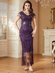 Women Embroidery Leaf Sequin Long Ruffled Sleeve Cap Sleeve Tassel Zippered Elegant Dress, Suitable For Banquet, Daily Wear & Other Occasions, Party Dress, Wedding Guest Dress, Formal Dress, Evening Dress,Gown - Purple - View 4