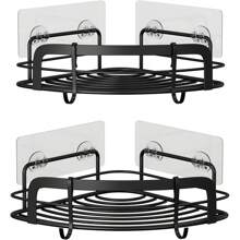 Black Bathroom Corner Shower Shelfs, Adhesive Wall Mounted Shower Caddy With 4 Movable Hooks, Rustproof Stainless Steel Bathroom Shower Organizer, No Drilling Wall Mount 2-Pack - 銀色 - 查看 9