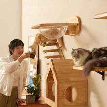 Katzen-Kletterwand, 4 Etagen Katzen-Treppewand, Katzenleiter, Katzenmöbel, aus Massivholz und Juteseil, für Katze Klettern/Spielen/Faulenzen - Holzfarbe - Übersicht 4