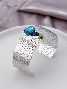 1pc Retro European Style Exaggerated Metal Rhinestone Openwork Bangle, Suitable For Women's Daily Outfit And Gift Jewelry - Silver - View 2