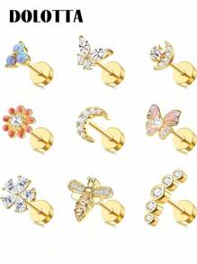 DOLOTTA 1PC 20G Brincos de cartilagem Stud para mulheres Brincos de aço cirúrgico com parte traseira plana Opala Borboleta Flor CZ Brincos de cartilagem Tragus Helix Piercing Jóias