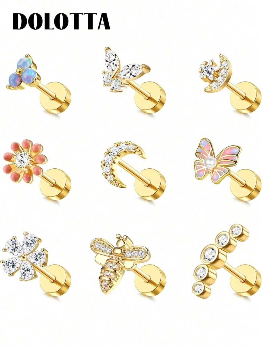 DOLOTTA 1PC 20G Brincos de cartilagem Stud para mulheres Brincos de aço cirúrgico com parte traseira plana Opala Borboleta Flor CZ Brincos de cartilagem Tragus Helix Piercing Jóias