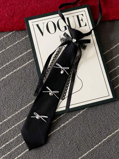 Elegant Adjustable Lace Bowknot Rhinestone Cravat For Women, Unique Design Suitable For Casual, Blouse, Party, Festivals For Dress For Christmas Decor