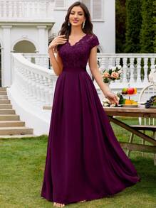 MIUSOL Vestido elegante de chifón para fiesta formal, boda o evento, con cuello en V de encaje floral, mangas cortas y bajo plisado