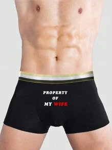 Men's Black Letter Print Pattern Elastic Waist Briefs, Fashionable & Comfortable Everyday Underwear - Black - View 2