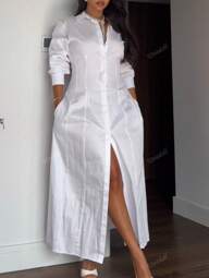Vestido blanco elegante de mujer con cuello de camisa, cintura, cuello abierto, adecuado para viajes, citas, festivales de música, temporada de graduación y ropa de vuelta al cole