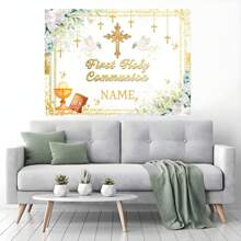 Customizable Name Flowers My First Baptism Gold Chalice Cross Bible Design Background Personalized Name Baptism Design Christening Party Cake Smash Decoration Banner Portrait Photography Props Vinyls - Multicolor - View 9
