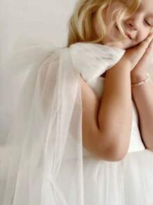 White Bowknot Tulle Christmas Party Elegant White Dress, Princess Dress Suitable For Girls Birthday Party, Banquet, Formal Occasion, Wedding Flower Girl Dress, Thanksgiving, Graduation - 白色 - 查看 4