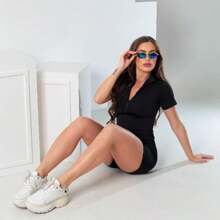 MACAQUINHO FEMININO ANA RUGA 0 TRANSPARÊNCIA COM ZIPER TUBINHO CURTO MODA BLOGUEIRA - Preto - Visão 3