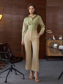 Women's Casual Stylish Short Turndown Collar Herringbone Patterned Single-Breasted Shirt Blouse, Long Sleeve Top, Suitable For Summer And Spring