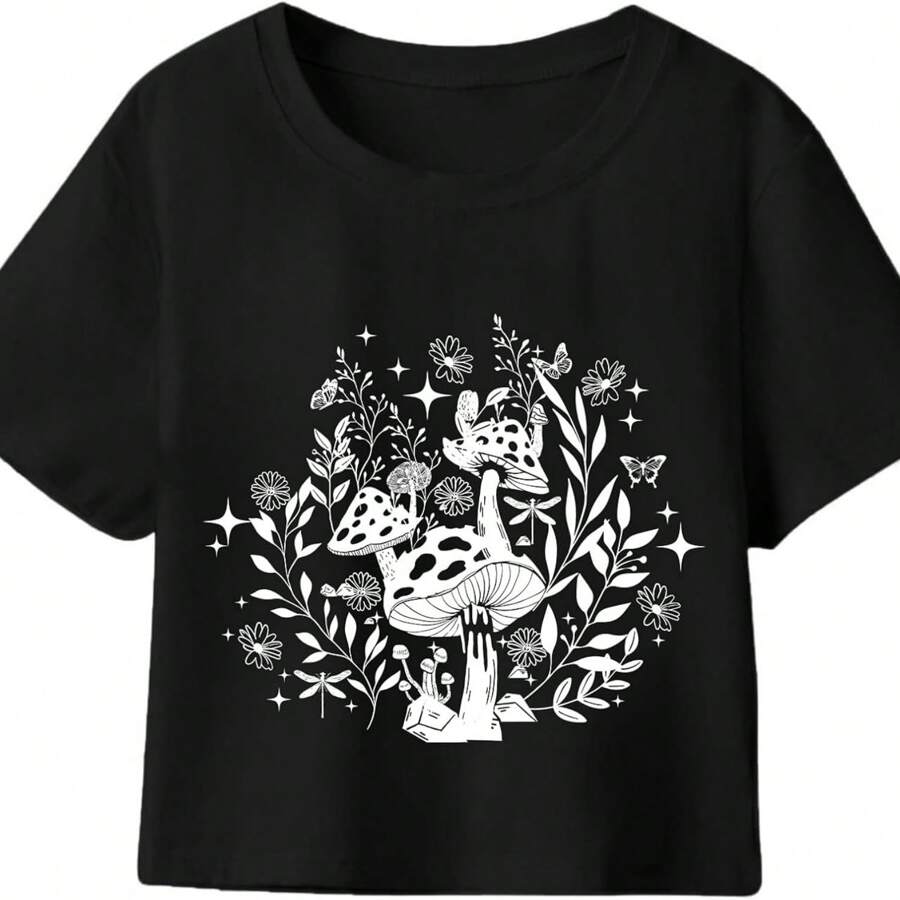 Hilinker Womens Short Sleeve Graphic Crop Tops Vintage Tees Summer Cute T Shirts - Black - View 1