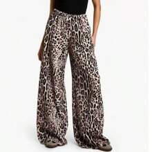 Women's Leopard Print High Waist Wide Leg Pants, Casual Polyester Woven Pants With Drawstring Waist, Suitable For All Seasons - Black - View 3