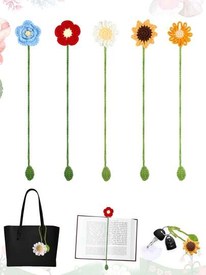 1/5件钩针钥匙扣挂绳手工编织礼品汽车钥匙扣、钥匙扣、汽车钥匙扣、特殊书签窗帘带编织书签，为书籍爱好者和作家提供汽车装饰。这些精美的书签也可用作DIY、吊坠、汽车装饰、钥匙扣挂绳、窗帘带和窗帘扣。汽车配件包饰，可爱哥特风Y2K包饰，带身份证夹的挂绳，汽车配件包饰