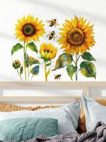 mama look 1pc Floral & Sunflower With Bee Wall Sticker, Suitable For Bedroom, Living Room, Study, Home Decor, PVC Self-Adhesive Removable Cartoon Sticker - Multicolor - View 11