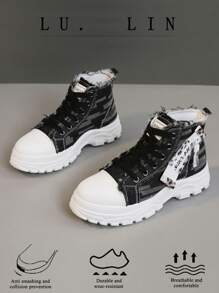 Un par de zapatos de lona con revestimiento de tela, cómodos e informales, con suela gruesa, zapatos de mezclilla con cordones, antideslizantes, de alta adherencia deportiva, zapatos de verano de moda de alta adherencia - Negro - Ver 6
