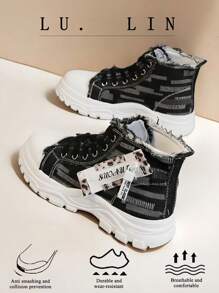 Un par de zapatos de lona con revestimiento de tela, cómodos e informales, con suela gruesa, zapatos de mezclilla con cordones, antideslizantes, de alta adherencia deportiva, zapatos de verano de moda de alta adherencia - Negro - Ver 3