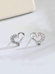 1 Pair Silver Sweet Heart Partially Paved Crystal Stud Earrings, Classic High-End Versatile Minimalist Earrings For Women, Suitable For Daily Wear And Valentine's Day - 耳钉 - View 4