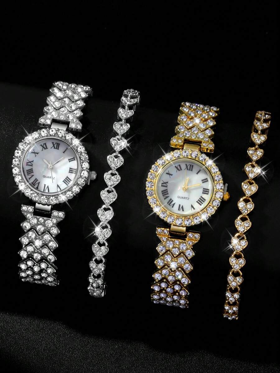 4 件套休闲简约女士石英表套装，搭配心形水钻手链，采用经典圆形水钻镶嵌刻度和甜美闪亮的水钻钢表带，适合节日礼物和日常佩戴，不包括包装盒 - 彩色 - 查看 1