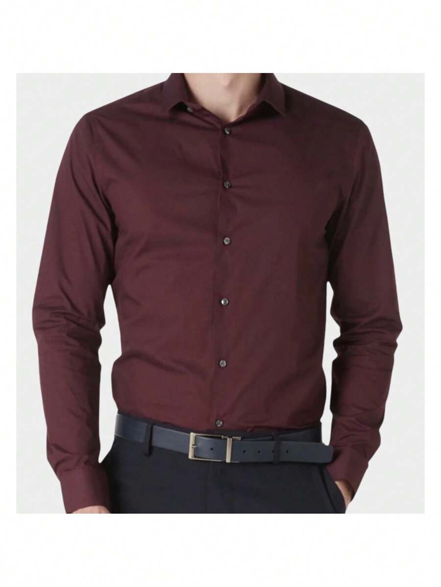Men's Long Sleeve Premium Slim Fit Dress Shirt - Màu Đỏ Sâu - Xem 1