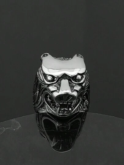 خاتم من الفولاذ المقاوم للصدأ 316 مصقول باليد بتصميم رأس الذئب، خاتم رجالي من الفولاذ المقاوم للصدأ 316، خاتم من الصناعة اليدوية