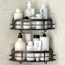 Black Bathroom Corner Shower Shelfs, Adhesive Wall Mounted Shower Caddy With 4 Movable Hooks, Rustproof Stainless Steel Bathroom Shower Organizer, No Drilling Wall Mount 2-Pack - 銀色 - 查看 8