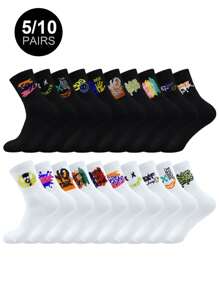 5/10/20 男士多功能舒适随机图案新颖中筒袜舒适透气运动袜，适合运动休闲、学生、户外、派对、校服 - 彩色 - 查看 1