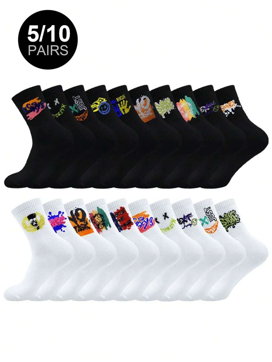 5/10/20 男士多功能舒适随机图案新颖中筒袜舒适透气运动袜，适合运动休闲、学生、户外、派对、校服 - 彩色 - 查看 1