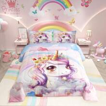 Erosebridal 2/3 Pcs Kawaii Unicorn Bedding Sets, Cute Unicorn Comforter Set For Teens Women Adullts, Soft & Comfortable Rainbow Star Rose Floral Butterfly Bed Set - Unicorn Home Guest Room Bedroom Decor, Suitable Birthday & Festival Gifts(Microfiber) - 粉色 - 查看 1