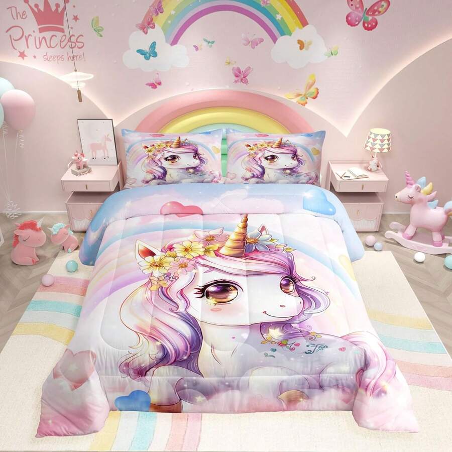 Erosebridal 2/3 Pcs Kawaii Unicorn Bedding Sets, Cute Unicorn Comforter Set For Teens Women Adullts, Soft & Comfortable Rainbow Star Rose Floral Butterfly Bed Set - Unicorn Home Guest Room Bedroom Decor, Suitable Birthday & Festival Gifts(Microfiber) - 粉色 - 查看 1