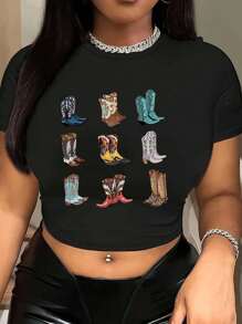 Graphic Printed Cropped T-Shirt, Y2K Spring And Summer Short-Sleeved Crop Top, Women's - 黑色 - 查看 1